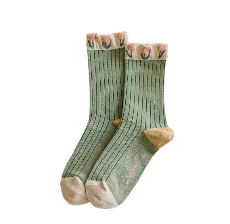 Blooming Tulip Cotton Crew Socks for Women