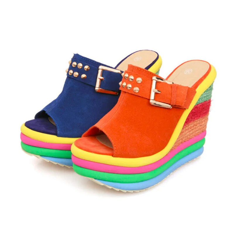 Bohemian Rainbow Peep-Toe Platform Wedges