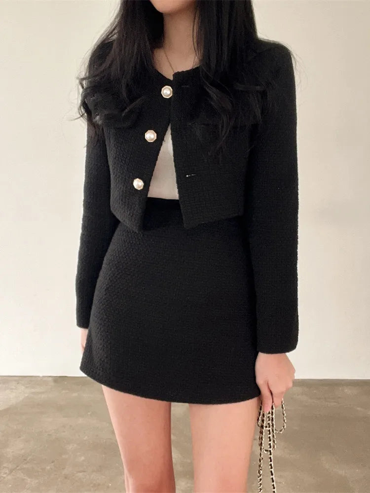 Vintage Tweed Two-Piece Set: Long Sleeve Jacket & A-Line Mini Skirt - Chic Korean Fall Fashion