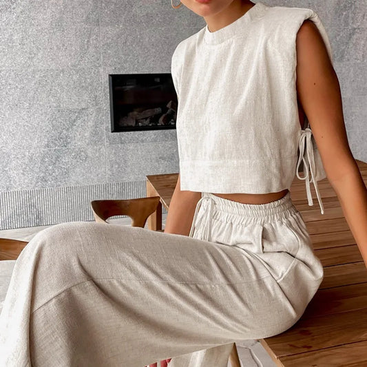 Chic Summer Escape: Lace-Up Crop & Loose Pants Set