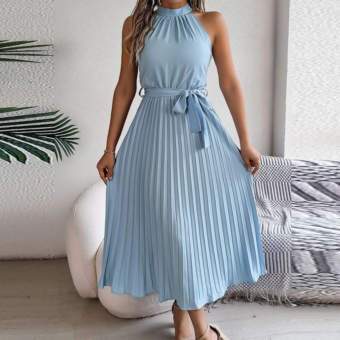 Chic Ruffled Sleeveless Chiffon Dress – Summer Pleat Detail