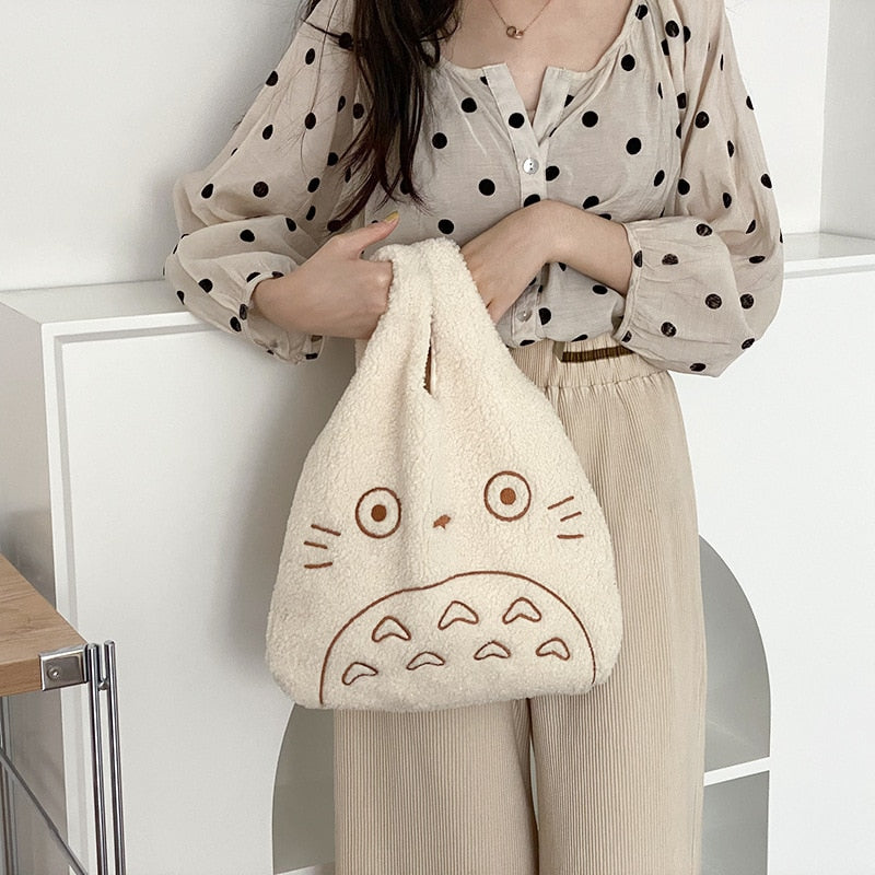 Whimsical Totoro Embroidered Plush Tote