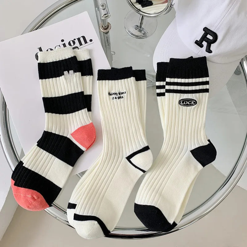 Korean-Inspired Breathable Striped Cotton Socks for Women