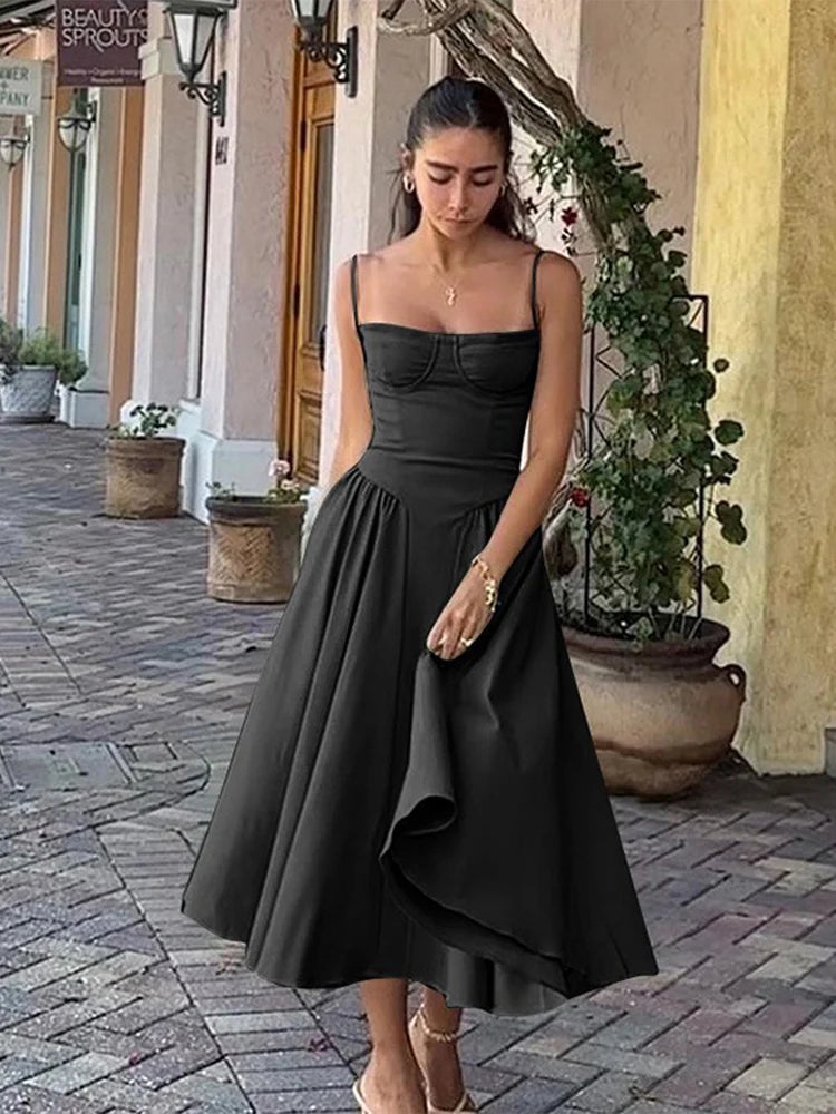 Elegant Pleated Hem Backless Midi Dress – Sleeveless Summer Party Fashion