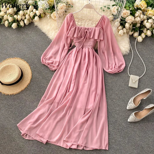 Elegant Vintage Square Collar Maxi Dress - Chic Puff Sleeve Chiffon Gown for Women