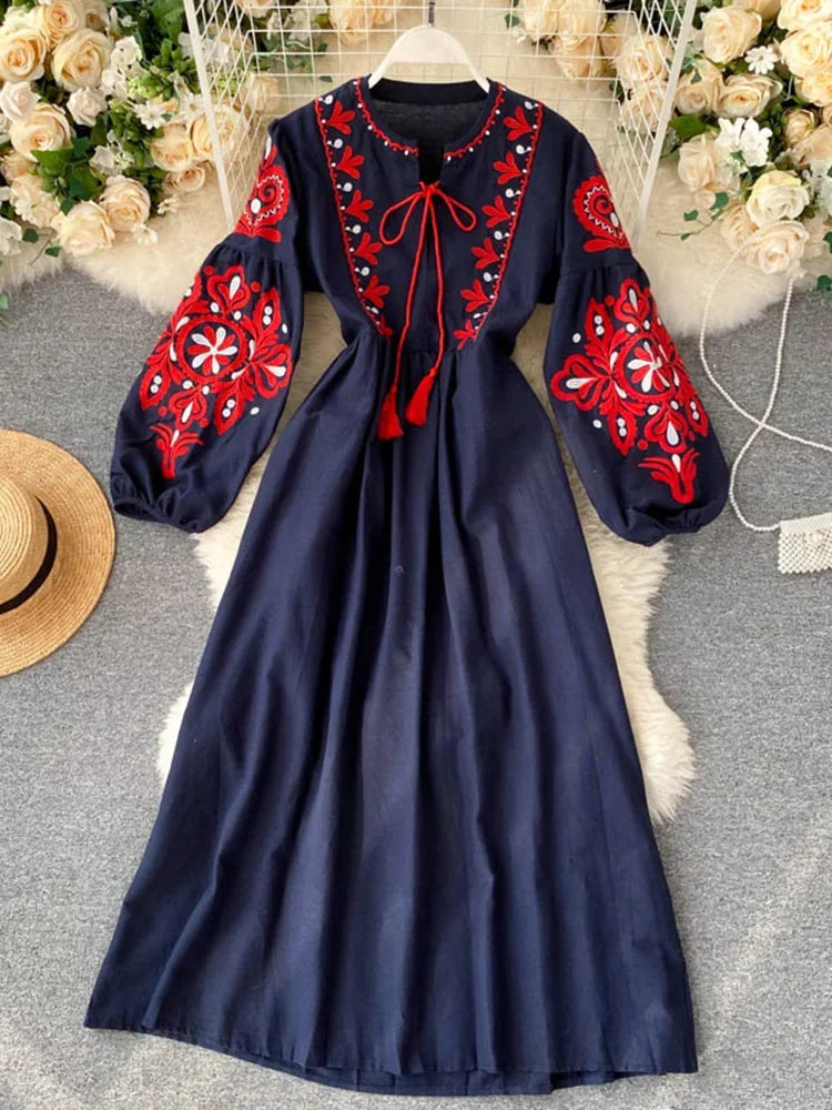 Boho Bloom High-Waist Lantern Sleeve Dress – Embroidered Autumn Elegance