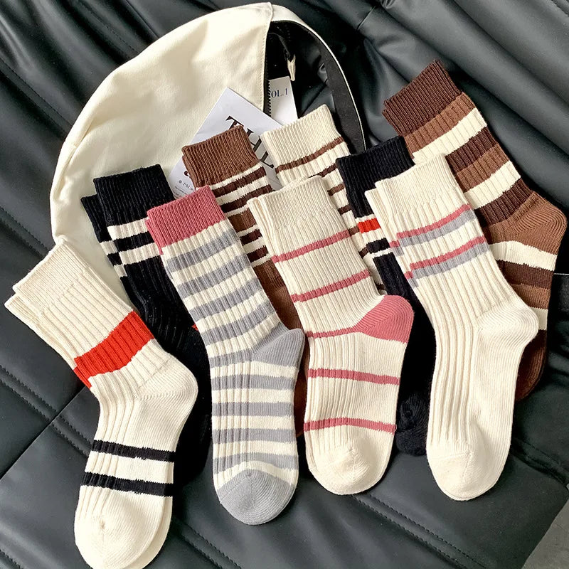 Korean-Inspired Breathable Striped Cotton Socks for Women