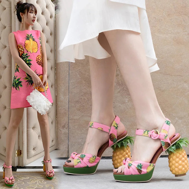 Pink Pineapple Print Strappy High-Heel Sandals - Sweet Summer Platform Shoes