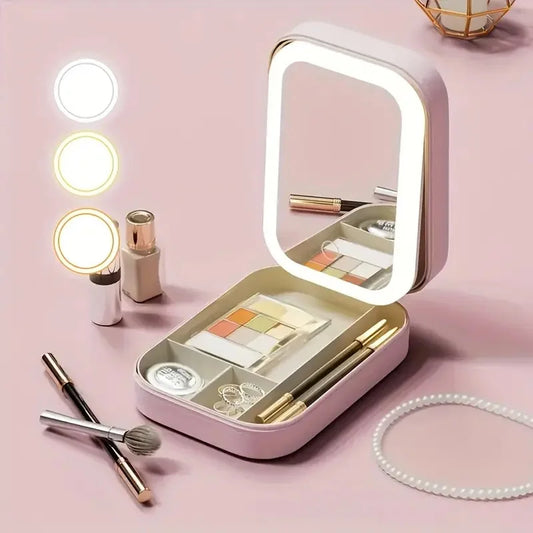 LED Vanity Mirror Travel Makeup Case - Portable, Large-Capacity Cosmetic Storage Organizer