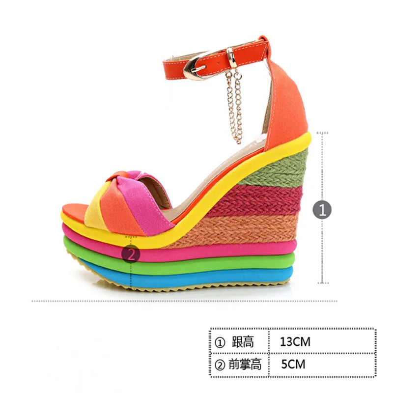 Summer Chic Rainbow Wedge Sandals with Bow and Ankle Strap